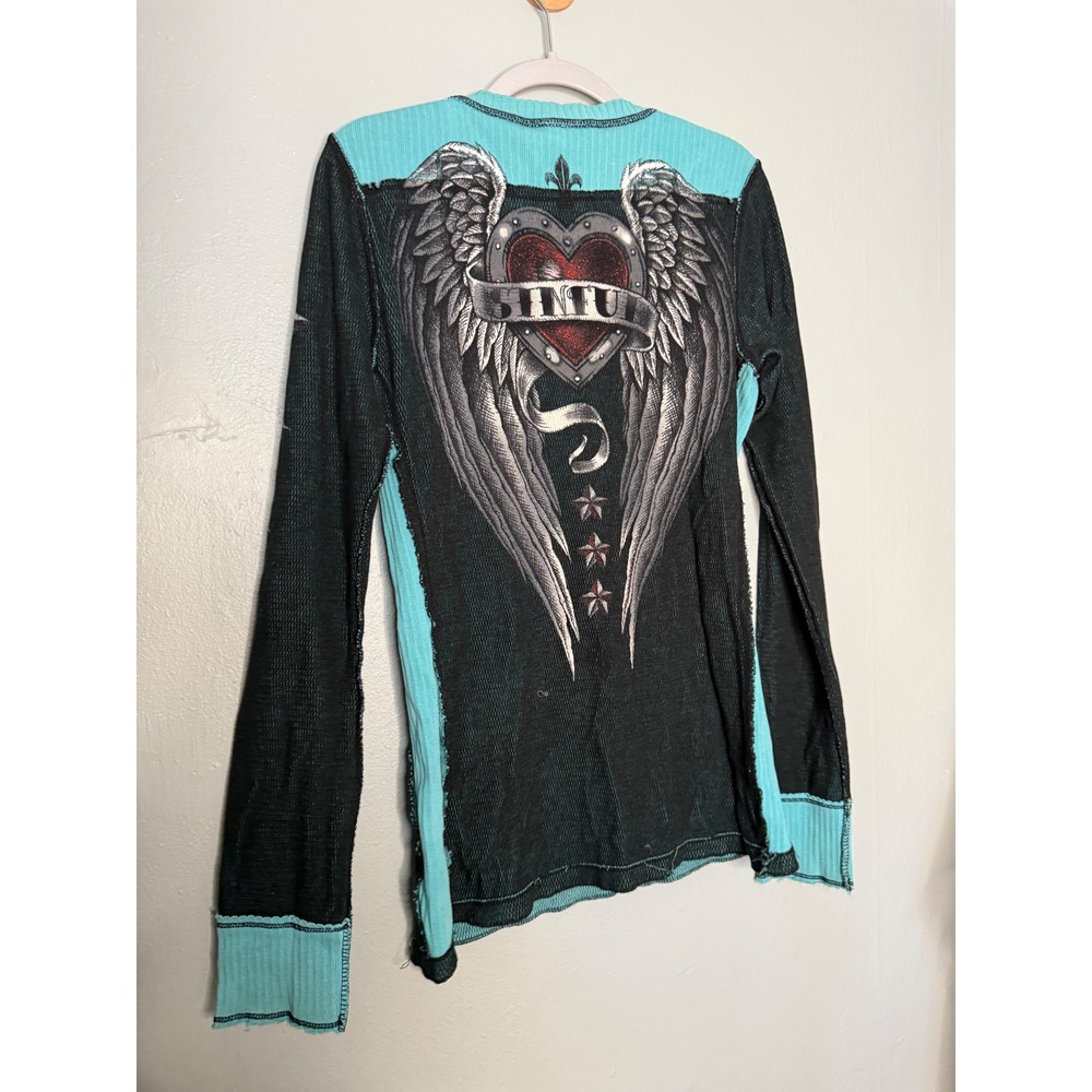 Sinful by Affliction Y2K Thermal Reversible Glitter Heart Turquoise & black top - Picture 2 of 16